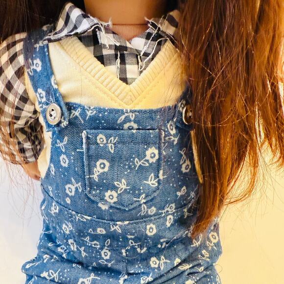 Our Generation Battat 18” Doll Brown Hair Sleep Eyes Blue Floral Overalls 2000's - Picture 5 of 6